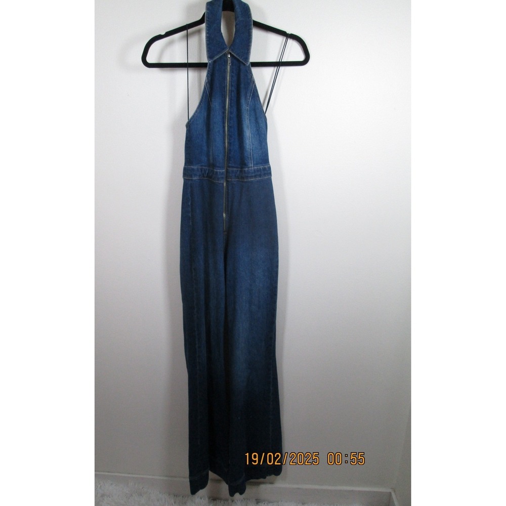 Alice + Olivia Jeans Jumpsuit Size 24 Denim Dark Halter Neck Full Zip Flare - Picture 10 of 14